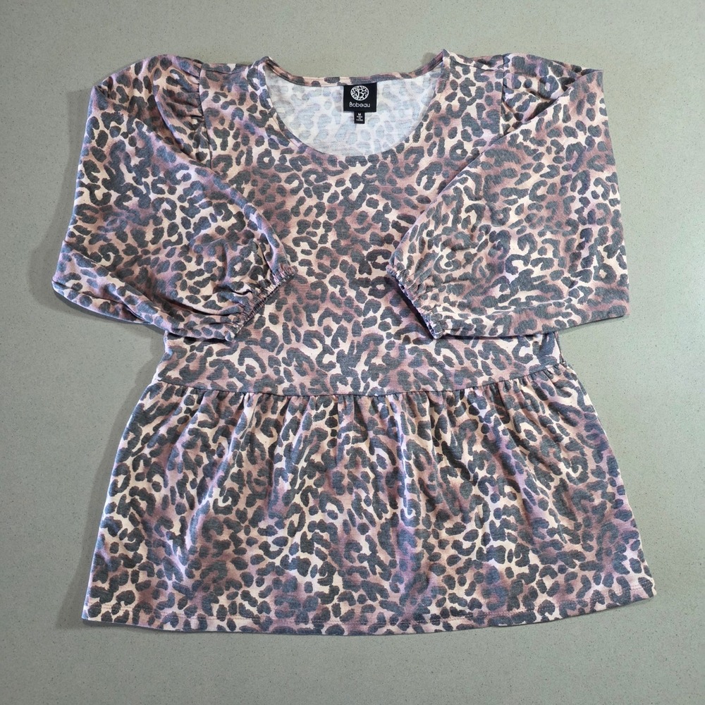 Bobeau Women Leopard Print Puff Sleeve Peplum Top Brown Animal Print Size M